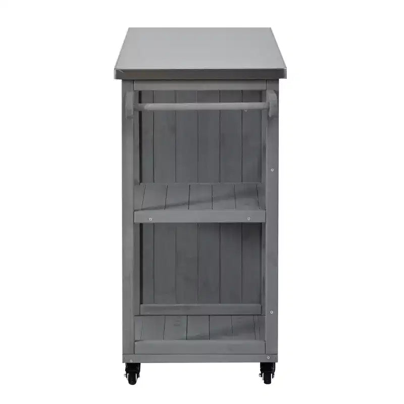 Îlot de cuisine d'extérieur en bois de sapin avec rangement, desserte de cuisine roulante verrouillable avec plateau en acier inoxydable, porte-serviettes et porte-épices pour patio/cuisine