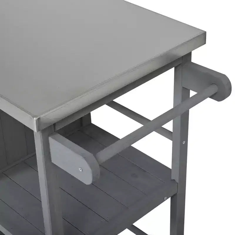 Îlot de cuisine d'extérieur en bois de sapin avec rangement, desserte de cuisine roulante verrouillable avec plateau en acier inoxydable, porte-serviettes et porte-épices pour patio/cuisine