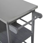 Îlot de cuisine d'extérieur en bois de sapin avec rangement, desserte de cuisine roulante verrouillable avec plateau en acier inoxydable, porte-serviettes et porte-épices pour patio/cuisine