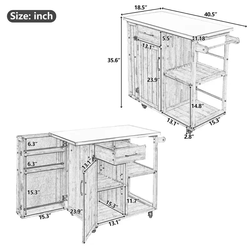 Îlot de cuisine d'extérieur en bois de sapin avec rangement, desserte de cuisine roulante verrouillable avec plateau en acier inoxydable, porte-serviettes et porte-épices pour patio/cuisine