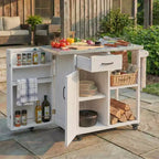 Îlot de cuisine d'extérieur en bois de sapin avec rangement, desserte de cuisine roulante verrouillable avec plateau en acier inoxydable, porte-serviettes et porte-épices pour patio/cuisine