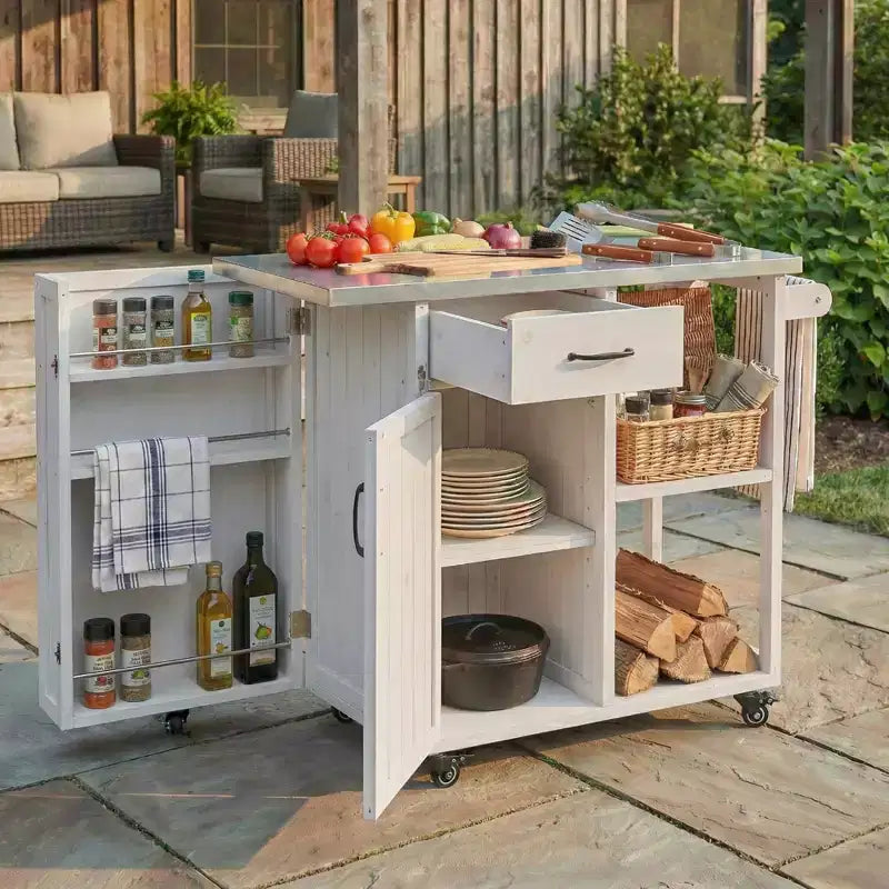 Îlot de cuisine d'extérieur en bois de sapin avec rangement, desserte de cuisine roulante verrouillable avec plateau en acier inoxydable, porte-serviettes et porte-épices pour patio/cuisine
