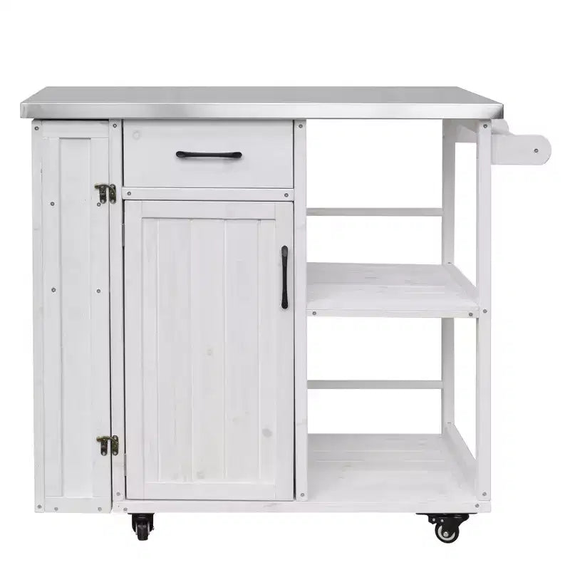 Îlot de cuisine d'extérieur en bois de sapin avec rangement, desserte de cuisine roulante verrouillable avec plateau en acier inoxydable, porte-serviettes et porte-épices pour patio/cuisine