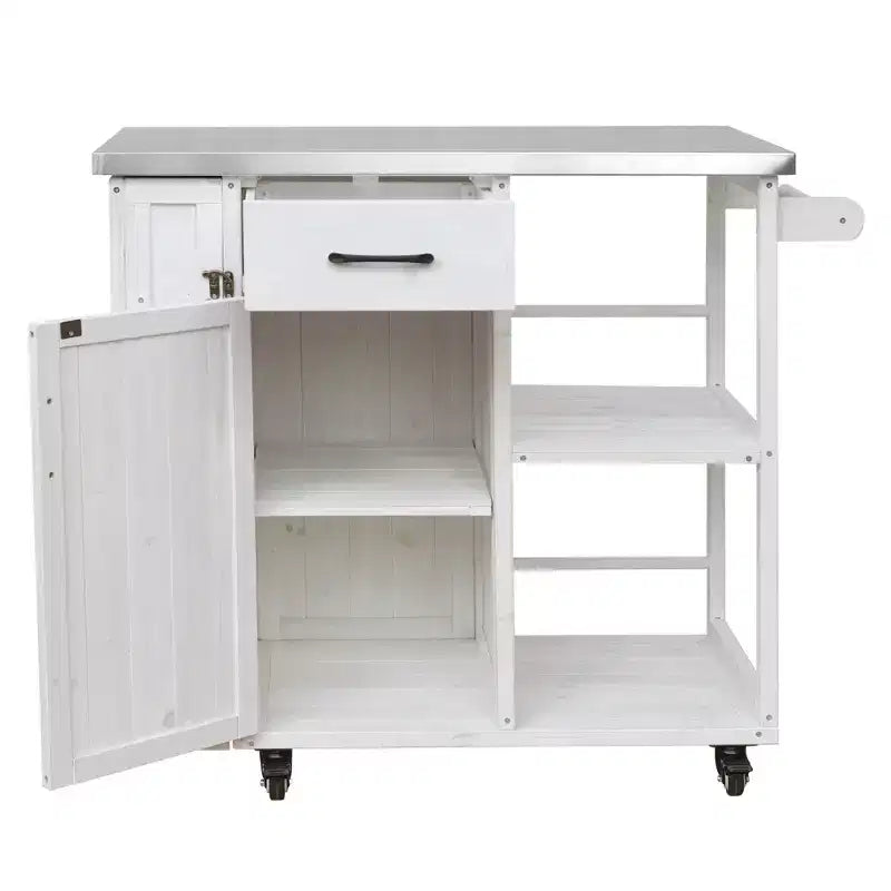 Îlot de cuisine d'extérieur en bois de sapin avec rangement, desserte de cuisine roulante verrouillable avec plateau en acier inoxydable, porte-serviettes et porte-épices pour patio/cuisine