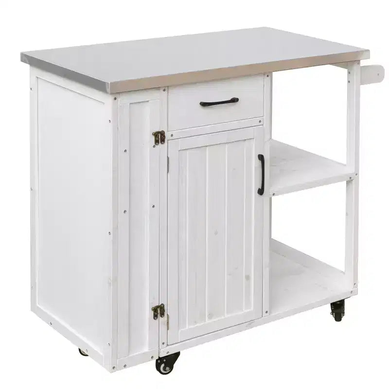 Îlot de cuisine d'extérieur en bois de sapin avec rangement, desserte de cuisine roulante verrouillable avec plateau en acier inoxydable, porte-serviettes et porte-épices pour patio/cuisine