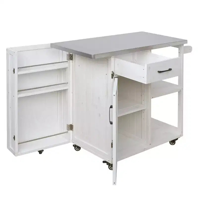 Îlot de cuisine d'extérieur en bois de sapin avec rangement, desserte de cuisine roulante verrouillable avec plateau en acier inoxydable, porte-serviettes et porte-épices pour patio/cuisine