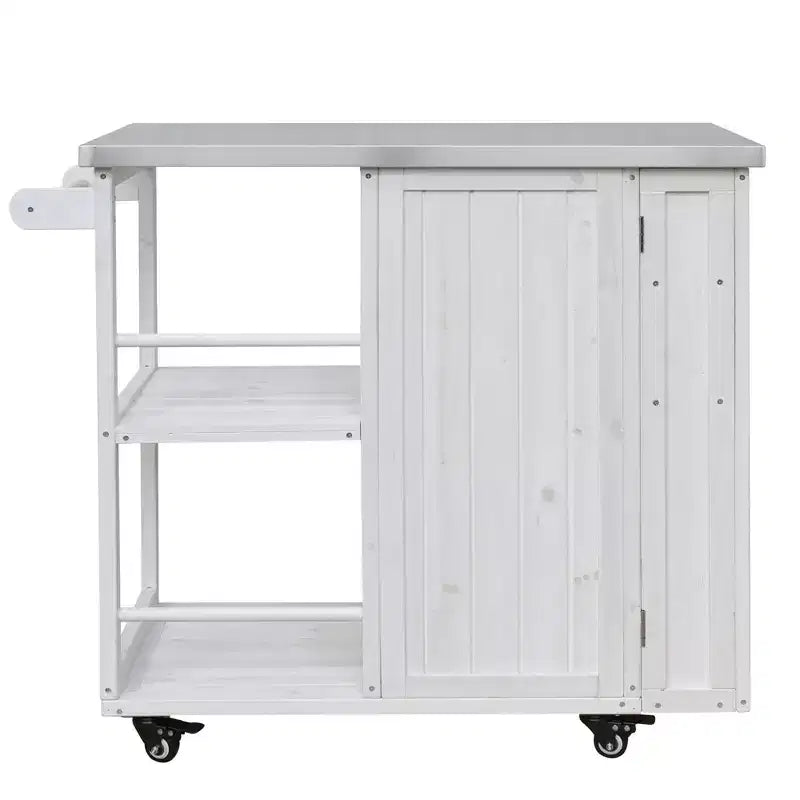 Îlot de cuisine d'extérieur en bois de sapin avec rangement, desserte de cuisine roulante verrouillable avec plateau en acier inoxydable, porte-serviettes et porte-épices pour patio/cuisine