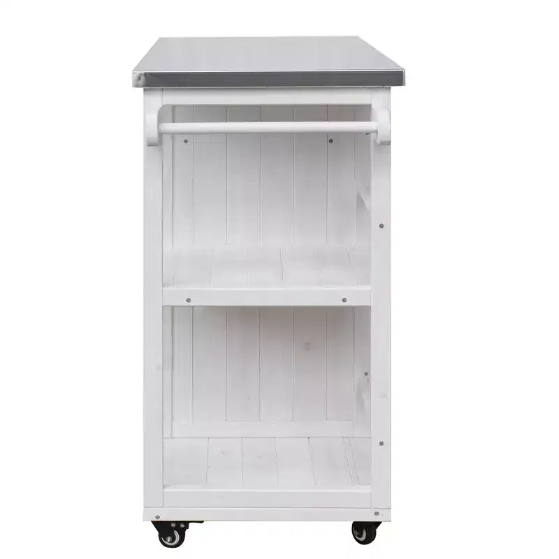 Îlot de cuisine d'extérieur en bois de sapin avec rangement, desserte de cuisine roulante verrouillable avec plateau en acier inoxydable, porte-serviettes et porte-épices pour patio/cuisine