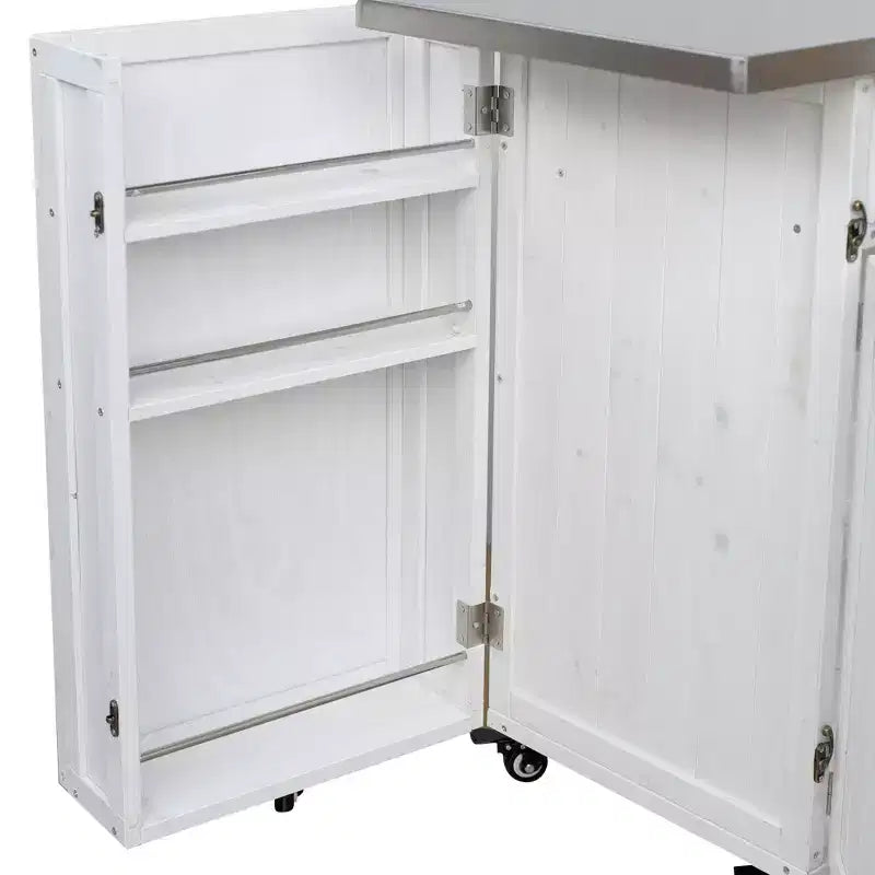 Îlot de cuisine d'extérieur en bois de sapin avec rangement, desserte de cuisine roulante verrouillable avec plateau en acier inoxydable, porte-serviettes et porte-épices pour patio/cuisine