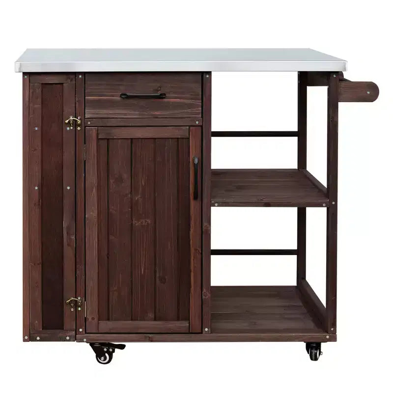 Îlot de cuisine d'extérieur en bois de sapin avec rangement, desserte de cuisine roulante verrouillable avec plateau en acier inoxydable, porte-serviettes et porte-épices pour patio/cuisine