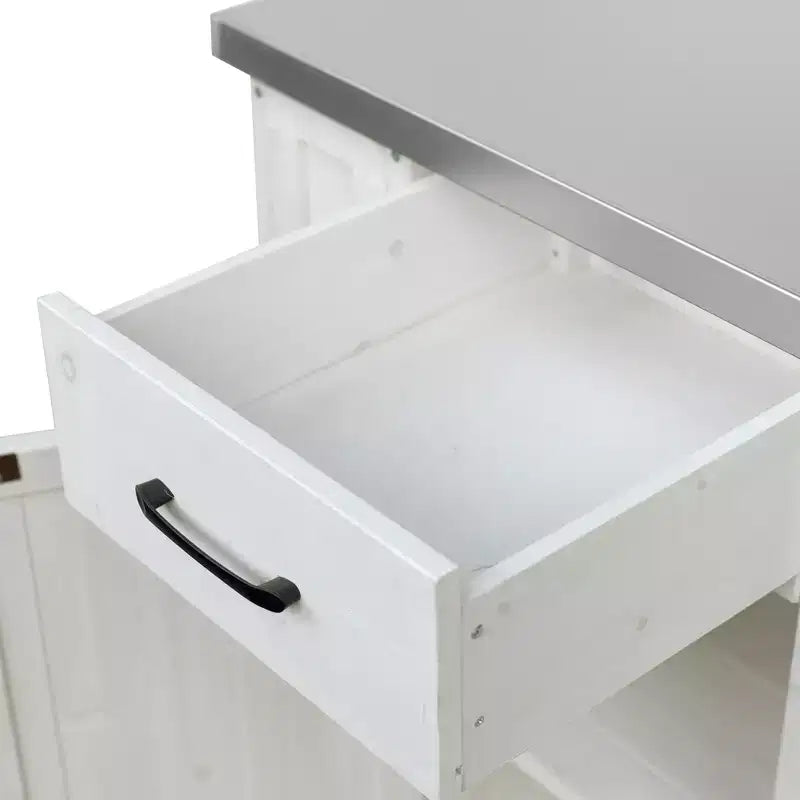Îlot de cuisine d'extérieur en bois de sapin avec rangement, desserte de cuisine roulante verrouillable avec plateau en acier inoxydable, porte-serviettes et porte-épices pour patio/cuisine