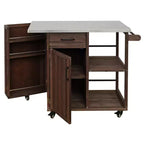 Îlot de cuisine d'extérieur en bois de sapin avec rangement, desserte de cuisine roulante verrouillable avec plateau en acier inoxydable, porte-serviettes et porte-épices pour patio/cuisine