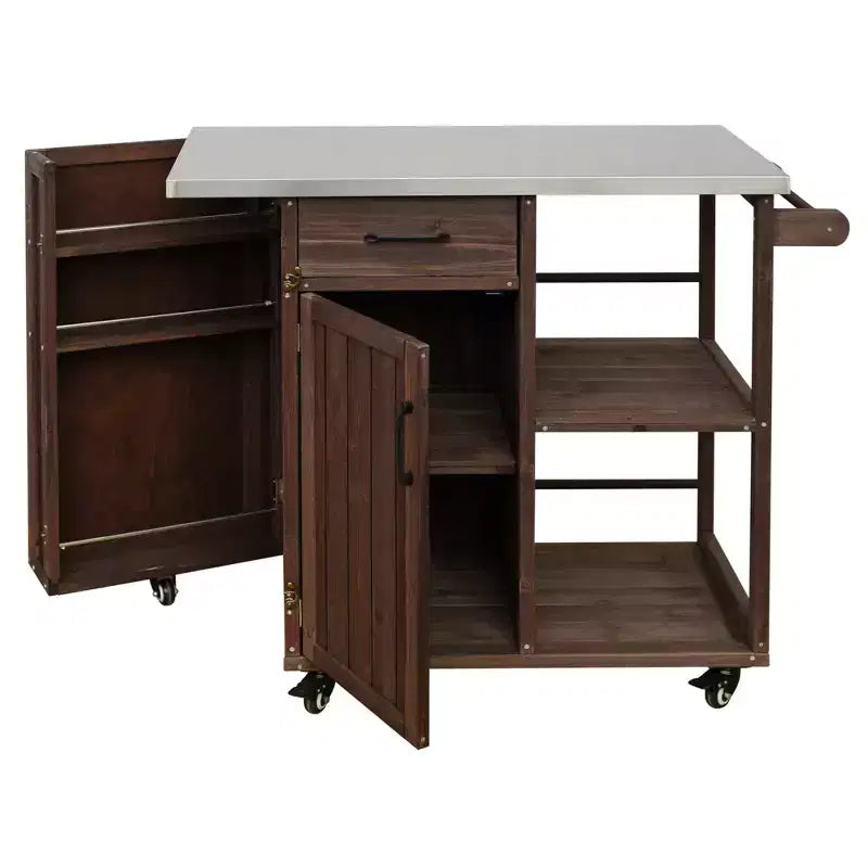 Îlot de cuisine d'extérieur en bois de sapin avec rangement, desserte de cuisine roulante verrouillable avec plateau en acier inoxydable, porte-serviettes et porte-épices pour patio/cuisine