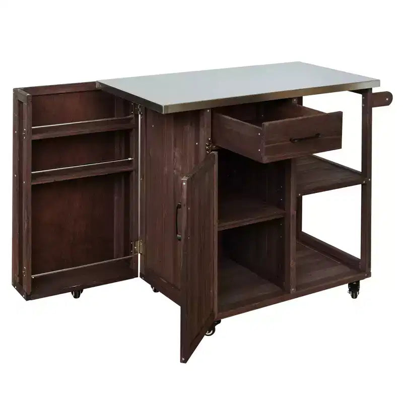 Îlot de cuisine d'extérieur en bois de sapin avec rangement, desserte de cuisine roulante verrouillable avec plateau en acier inoxydable, porte-serviettes et porte-épices pour patio/cuisine