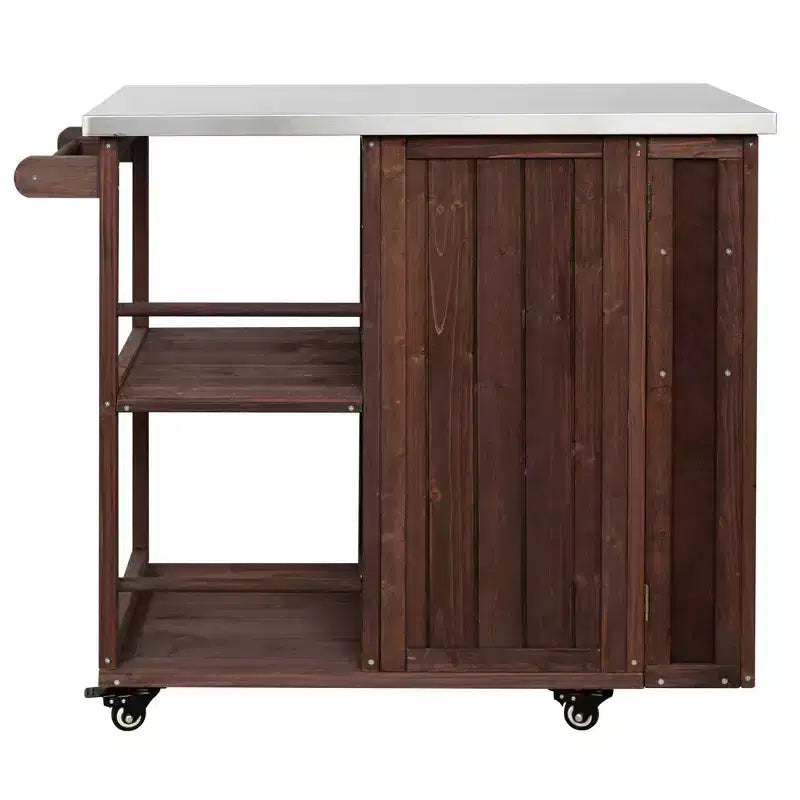 Îlot de cuisine d'extérieur en bois de sapin avec rangement, desserte de cuisine roulante verrouillable avec plateau en acier inoxydable, porte-serviettes et porte-épices pour patio/cuisine