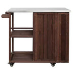 Îlot de cuisine d'extérieur en bois de sapin avec rangement, desserte de cuisine roulante verrouillable avec plateau en acier inoxydable, porte-serviettes et porte-épices pour patio/cuisine