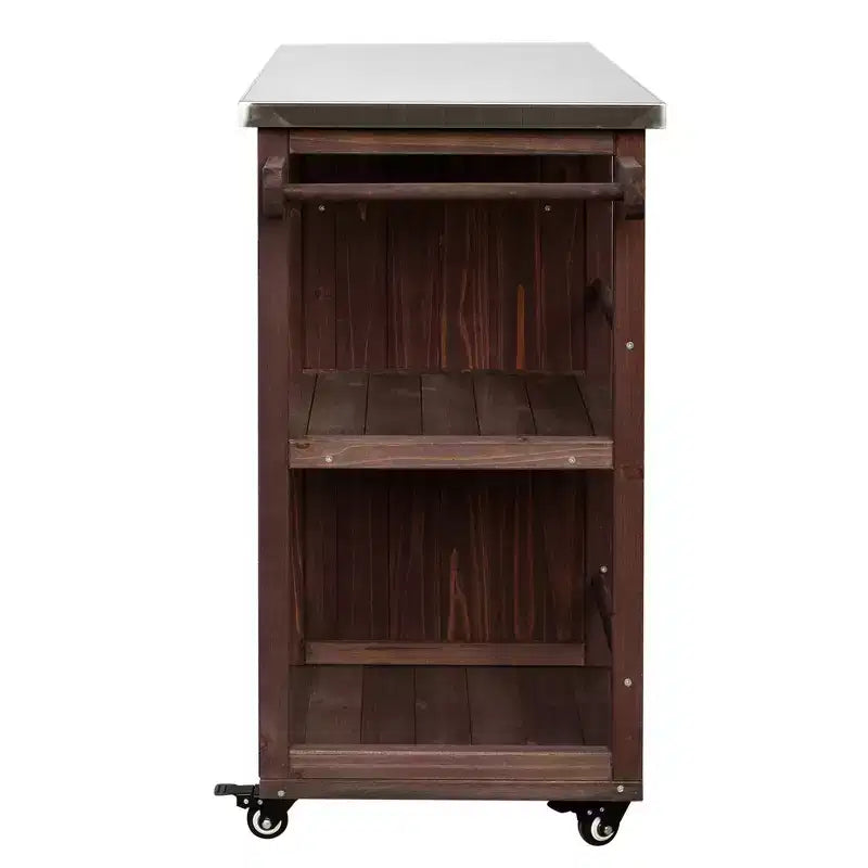 Îlot de cuisine d'extérieur en bois de sapin avec rangement, desserte de cuisine roulante verrouillable avec plateau en acier inoxydable, porte-serviettes et porte-épices pour patio/cuisine
