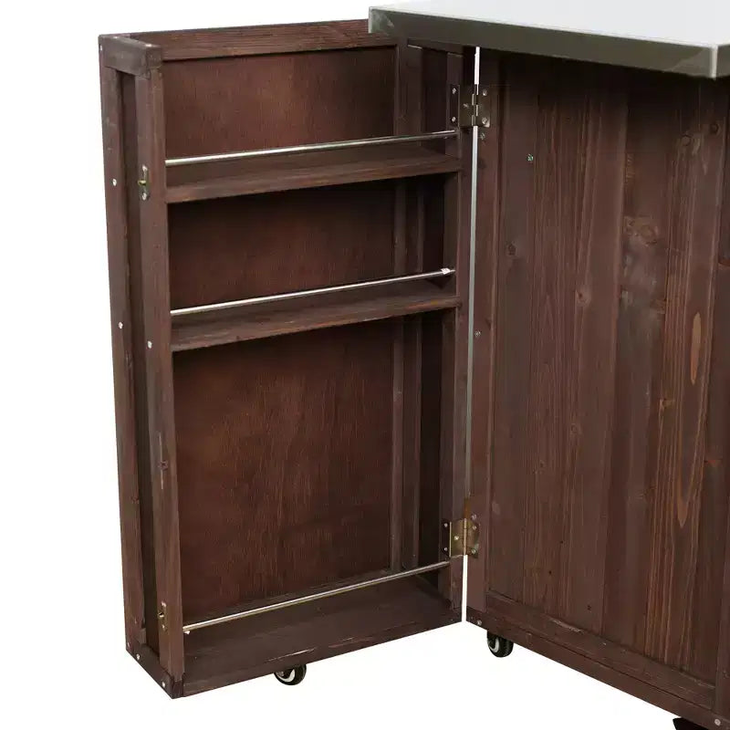 Îlot de cuisine d'extérieur en bois de sapin avec rangement, desserte de cuisine roulante verrouillable avec plateau en acier inoxydable, porte-serviettes et porte-épices pour patio/cuisine
