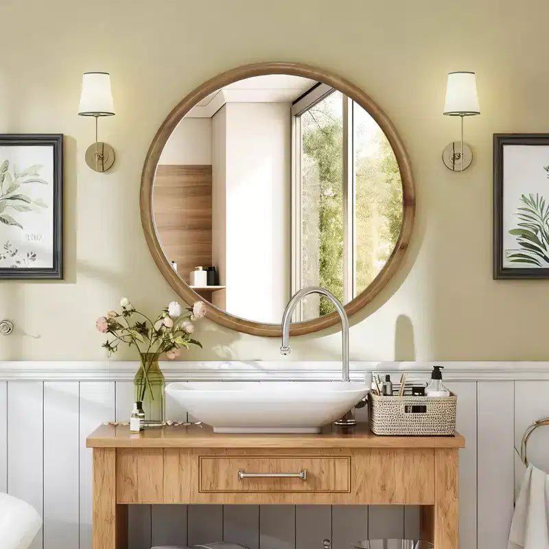 Miroir Mural Décoratif Rond en Bois Naturel, Miroir Mural Rustique Mid-Century Moderne pour Salle de Bain Entrée - Bois Naturel