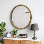 Miroir Mural Décoratif Rond en Bois Naturel, Miroir Mural Rustique Mid-Century Moderne pour Salle de Bain Entrée - Bois Naturel