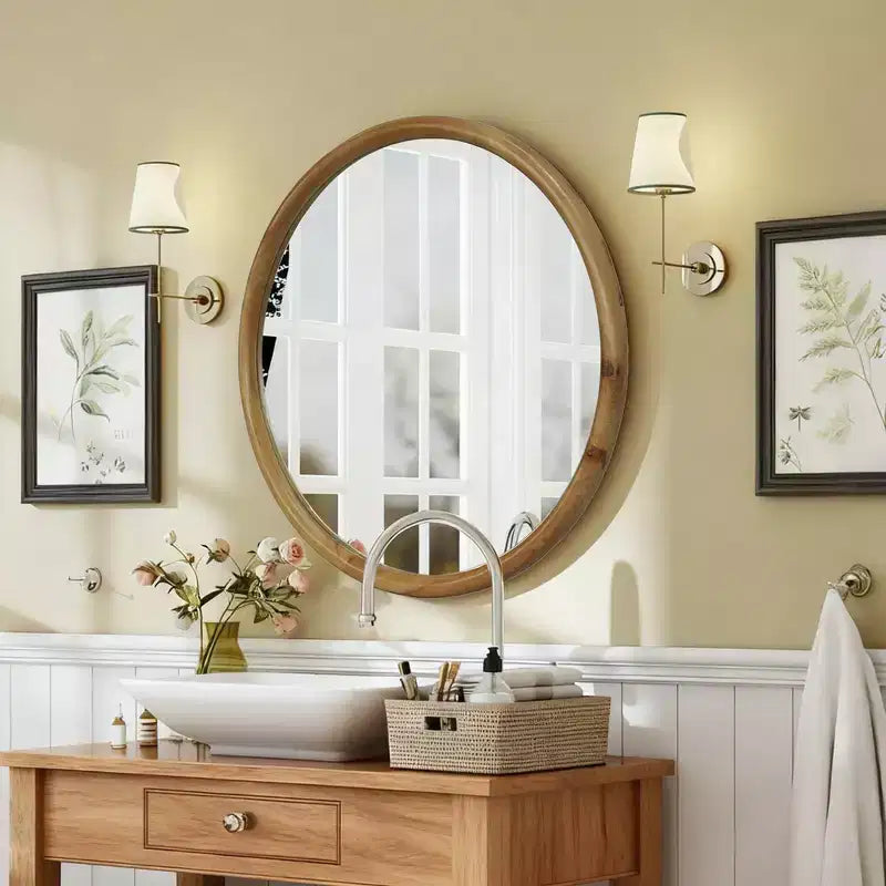Miroir Mural Décoratif Rond en Bois Naturel, Miroir Mural Rustique Mid-Century Moderne pour Salle de Bain Entrée - Bois Naturel
