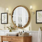 Miroir Mural Décoratif Rond en Bois Naturel, Miroir Mural Rustique Mid-Century Moderne pour Salle de Bain Entrée - Bois Naturel