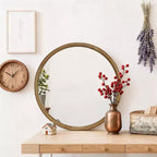 Miroir Mural Décoratif Rond en Bois Naturel, Miroir Mural Rustique Mid-Century Moderne pour Salle de Bain Entrée - Bois Naturel