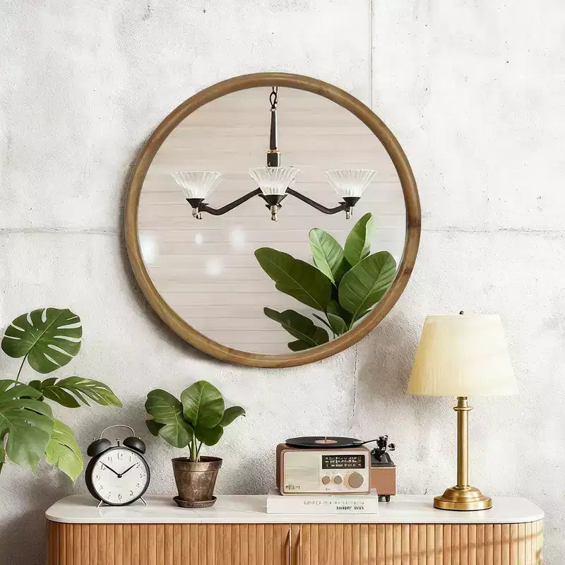 Miroir Mural Décoratif Rond en Bois Naturel, Miroir Mural Rustique Mid-Century Moderne pour Salle de Bain Entrée - Bois Naturel
