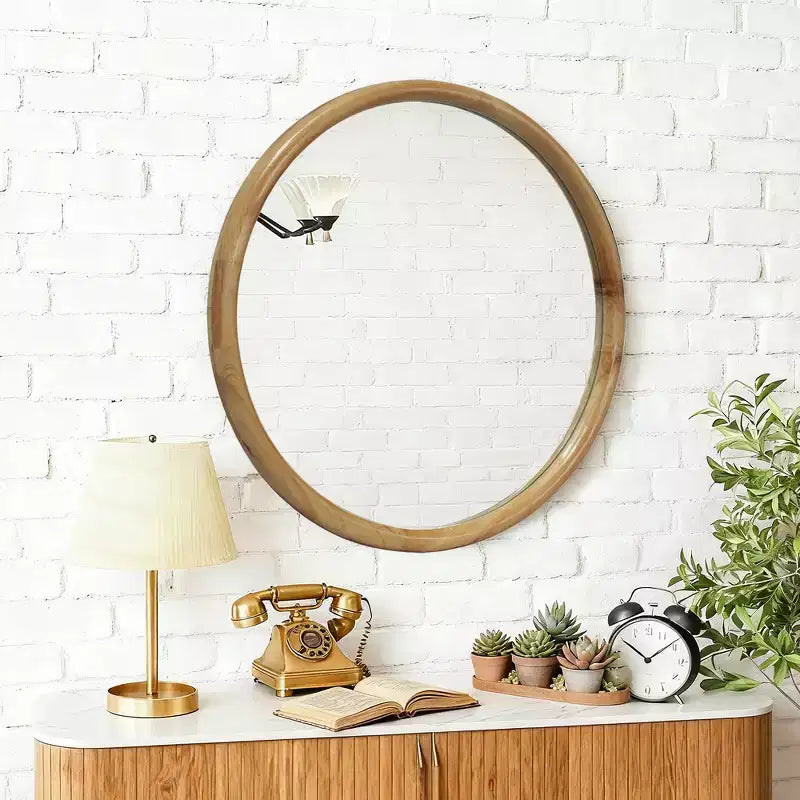 Miroir Mural Décoratif Rond en Bois Naturel, Miroir Mural Rustique Mid-Century Moderne pour Salle de Bain Entrée - Bois Naturel