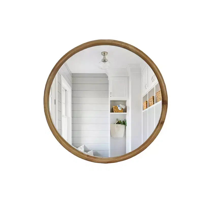 Miroir Mural Décoratif Rond en Bois Naturel, Miroir Mural Rustique Mid-Century Moderne pour Salle de Bain Entrée - Bois Naturel