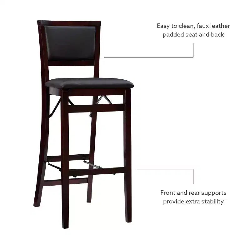 Tabouret de bar pliant 30" Keira en similicuir rembourré marron expresso, cadre en hévéa, mousse de polyuréthane