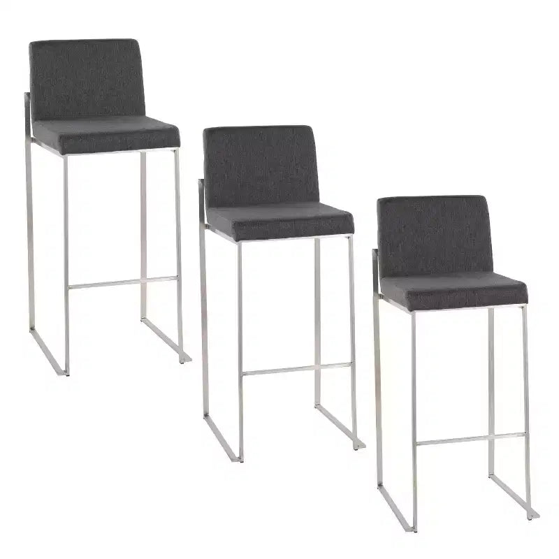 LumiSource Set of 3 Fuji High Back Barstools Stainless Steel/Charcoal Fabric