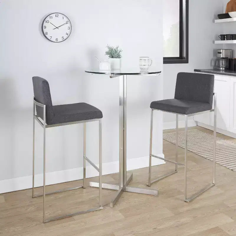 Tabourets de bar hauts Fuji en acier inoxydable et tissu anthracite