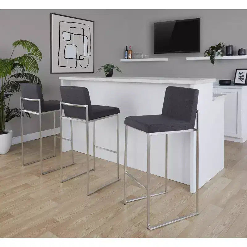 Tabourets de bar hauts Fuji en acier inoxydable et tissu anthracite