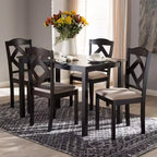 Ruth – Table à manger rectangulaire avec chaises en polyester, tapissées et finies, tissu moderne et contemporain, marron foncé/beige