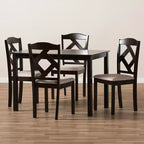Ruth – Table à manger rectangulaire avec chaises en polyester, tapissées et finies, tissu moderne et contemporain, marron foncé/beige