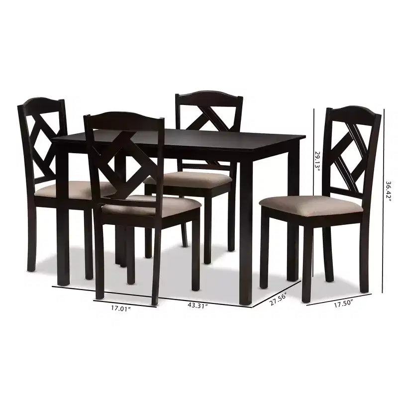 Ruth – Table à manger rectangulaire avec chaises en polyester, tapissées et finies, tissu moderne et contemporain, marron foncé/beige