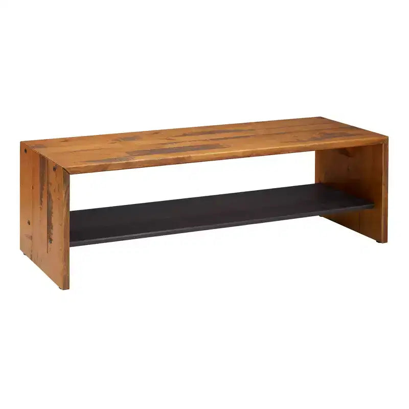 Banc d'entrée en bois massif recyclé 58" style rustique miel, étagère inférieure, sièges pour couloir