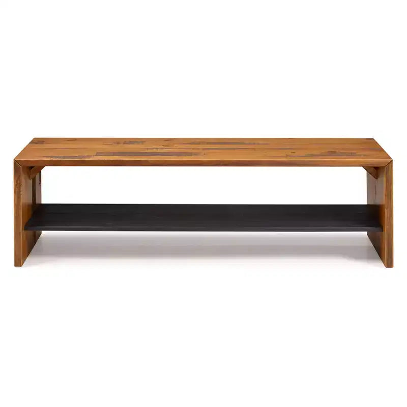 Banc d'entrée en bois massif recyclé 58" style rustique miel, étagère inférieure, sièges pour couloir