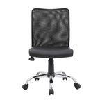 Chaise de bureau ergonomique sans accoudoirs en maille noire, vérin pneumatique, piétement chromé, assise vinyle