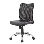 Chaise de bureau ergonomique sans accoudoirs en maille noire, vérin pneumatique, piétement chromé, assise vinyle