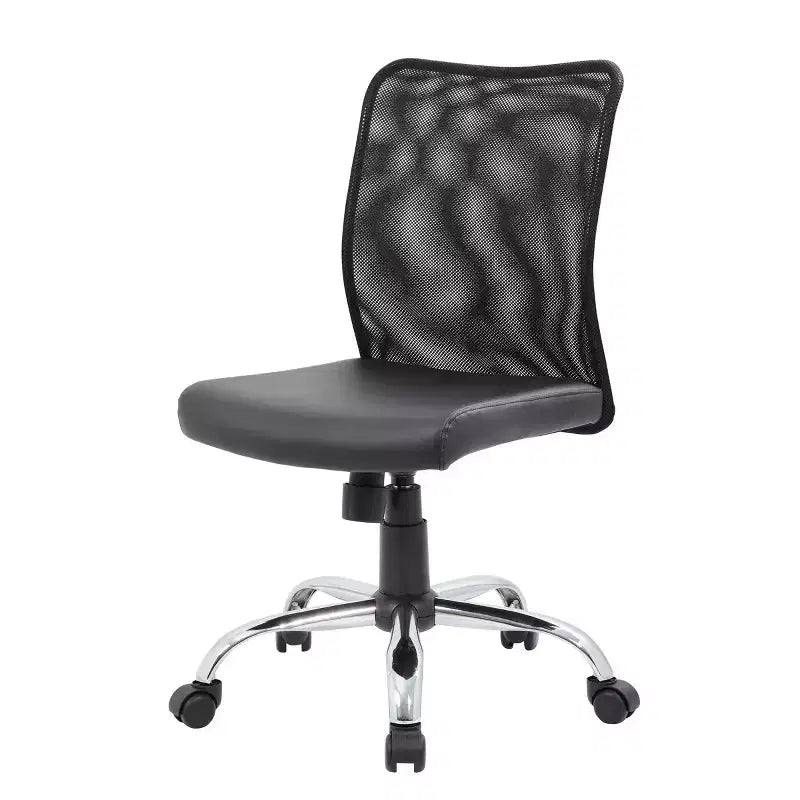 Chaise de bureau ergonomique sans accoudoirs en maille noire, vérin pneumatique, piétement chromé, assise vinyle