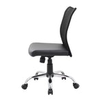 Chaise de bureau ergonomique sans accoudoirs en maille noire, vérin pneumatique, piétement chromé, assise vinyle