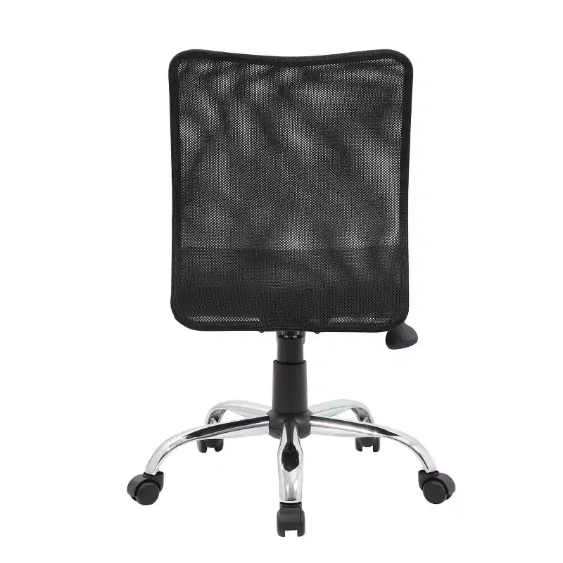 Chaise de bureau ergonomique sans accoudoirs en maille noire, vérin pneumatique, piétement chromé, assise vinyle