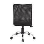Chaise de bureau ergonomique sans accoudoirs en maille noire, vérin pneumatique, piétement chromé, assise vinyle