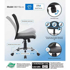 Chaise de bureau ergonomique sans accoudoirs en maille noire, vérin pneumatique, piétement chromé, assise vinyle