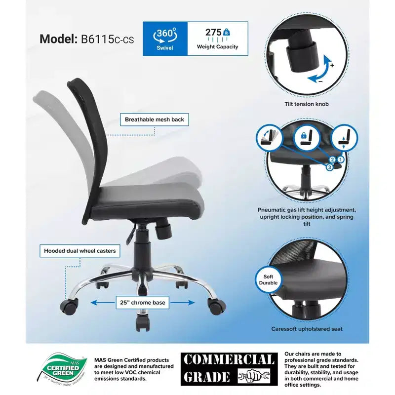Chaise de bureau ergonomique sans accoudoirs en maille noire, vérin pneumatique, piétement chromé, assise vinyle
